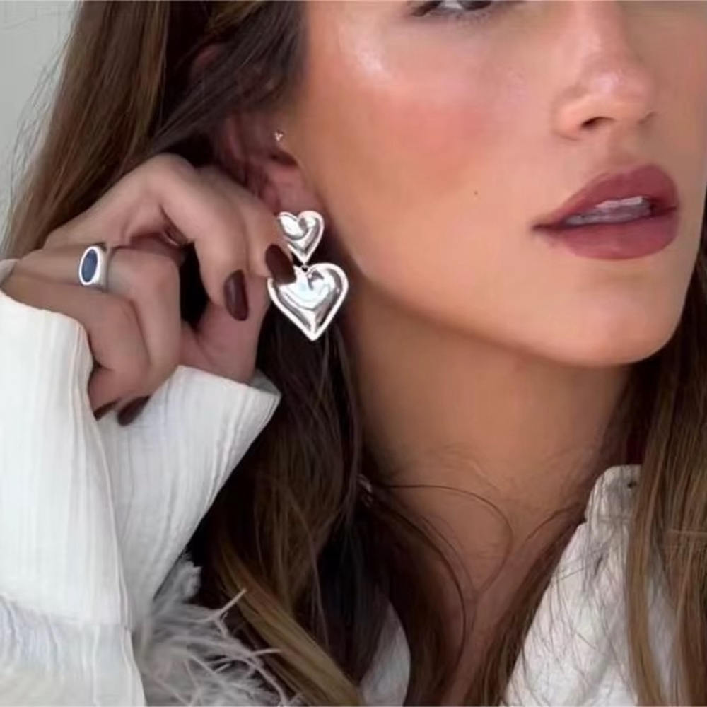 Silver-Tone Stainless Steel Heart Drop Earrings